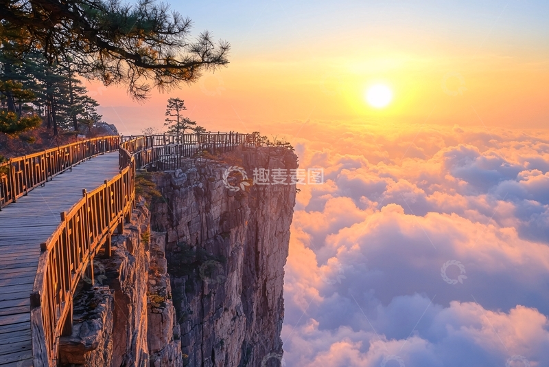 高清大图下载【趣麦麦图】云海日出下的悬崖栈道
