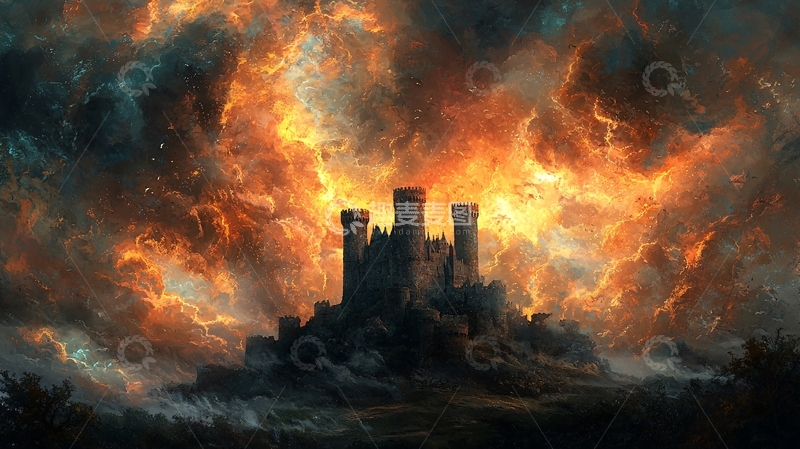 高清大图下载【趣麦麦图】燃烧天空下的城堡