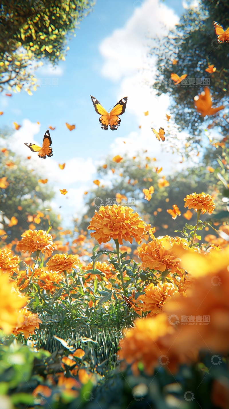 高清大图下载【趣麦麦图】橙色蝴蝶飞舞花海