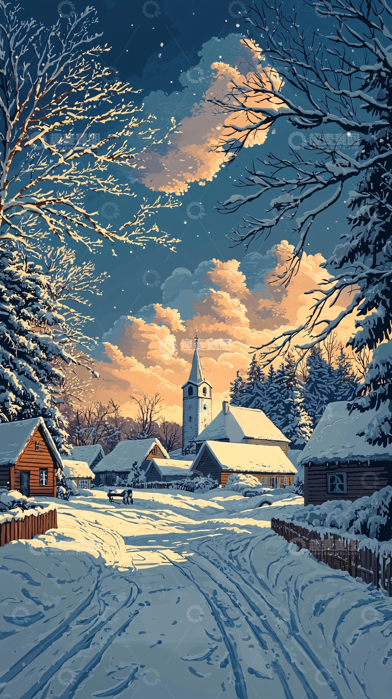 高清大图下载【趣麦麦图】冬日雪景村庄