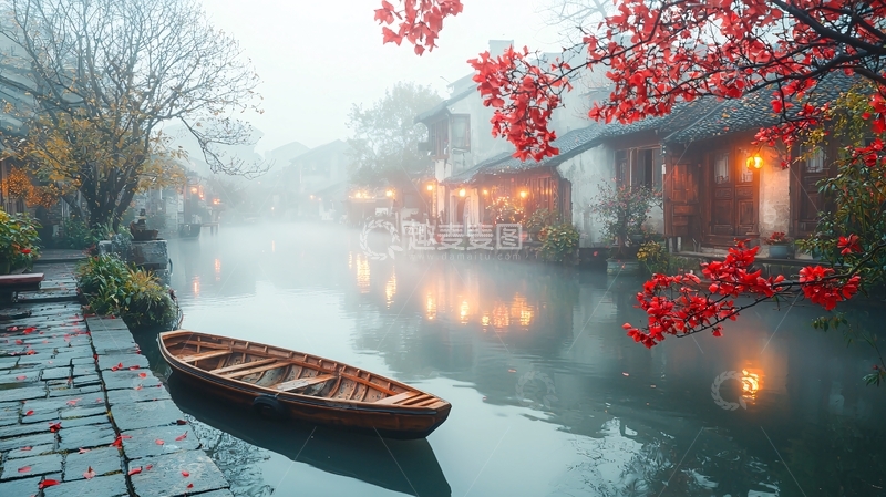 高清大图下载【趣麦麦图】雾气笼罩下的江南水乡