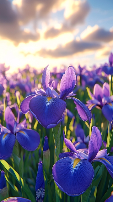 日落下的紫色鸢尾花田