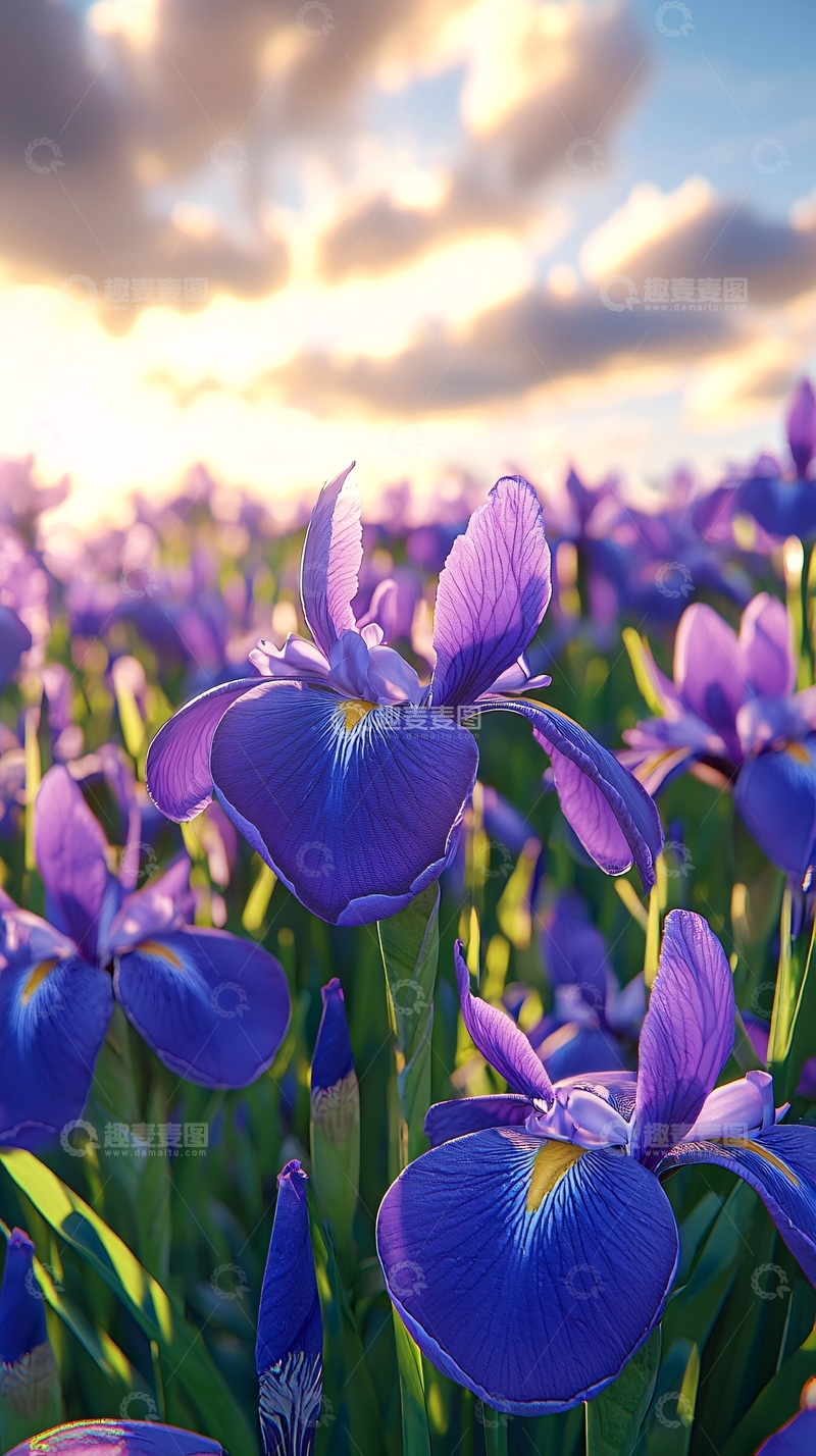 日落下的紫色鸢尾花田