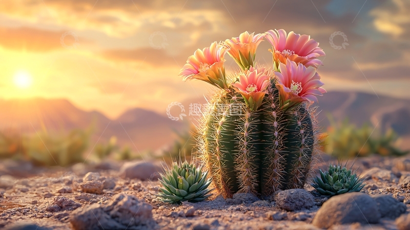 高清大图下载【趣麦麦图】夕阳下盛开的仙人掌花