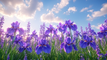 阳光下紫色鸢尾花田