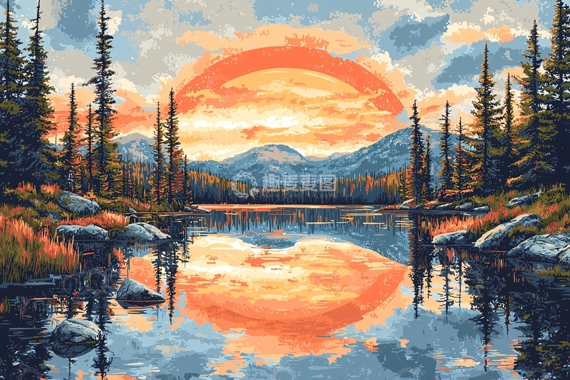 高清大图下载【趣麦麦图】山湖日落风景画