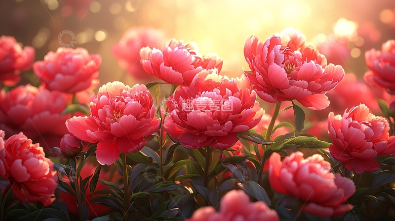 高清大图下载【趣麦麦图】阳光下盛开的粉色牡丹花田