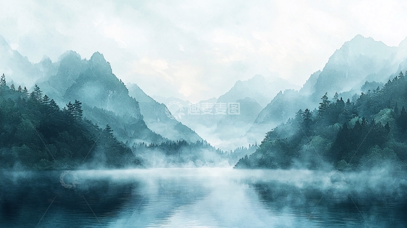 高清大图下载【趣麦麦图】雾气朦胧的山湖景色