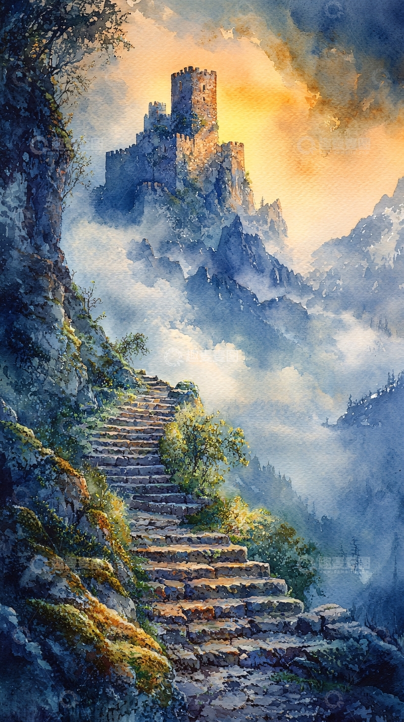 高清大图下载【趣麦麦图】山顶古堡云海阶梯