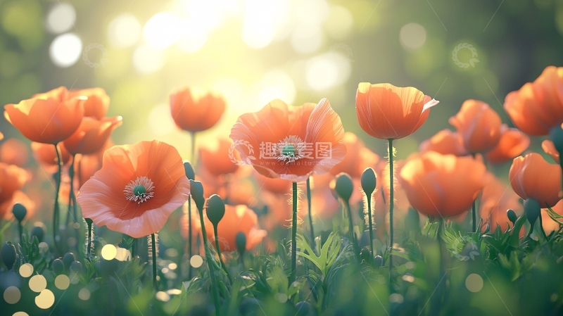 高清大图下载【趣麦麦图】阳光下盛开的虞美人花田