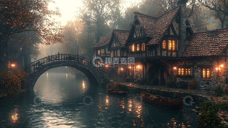 高清大图下载【趣麦麦图】雾气弥漫的古桥小屋