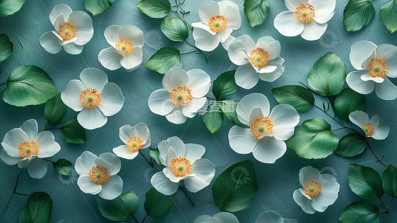 高清大图下载【趣麦麦图】蓝绿色背景上的白色花朵
