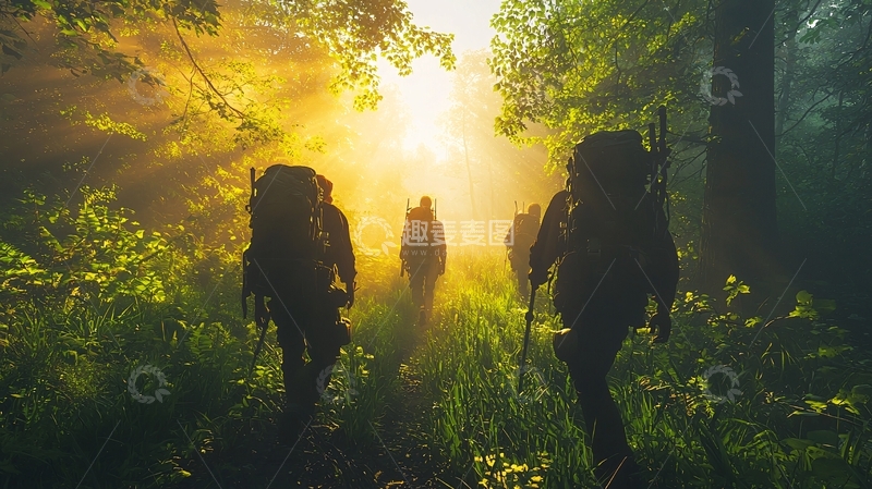 高清大图下载【趣麦麦图】森林探险队日出