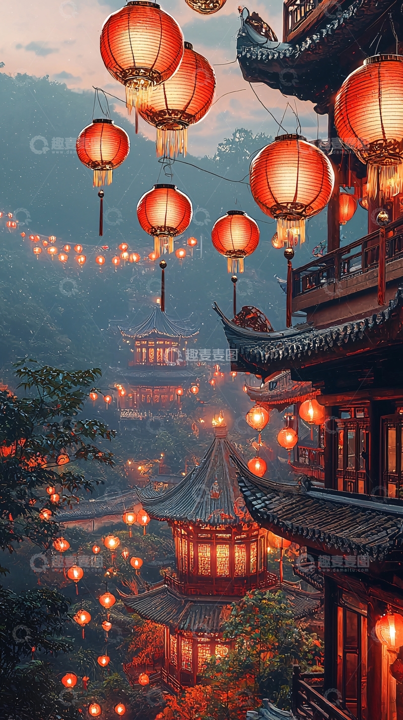高清大图下载【趣麦麦图】山间古建筑红灯笼夜景