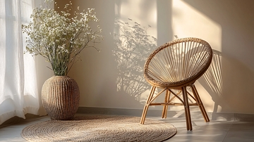 阳光洒进房间的藤椅