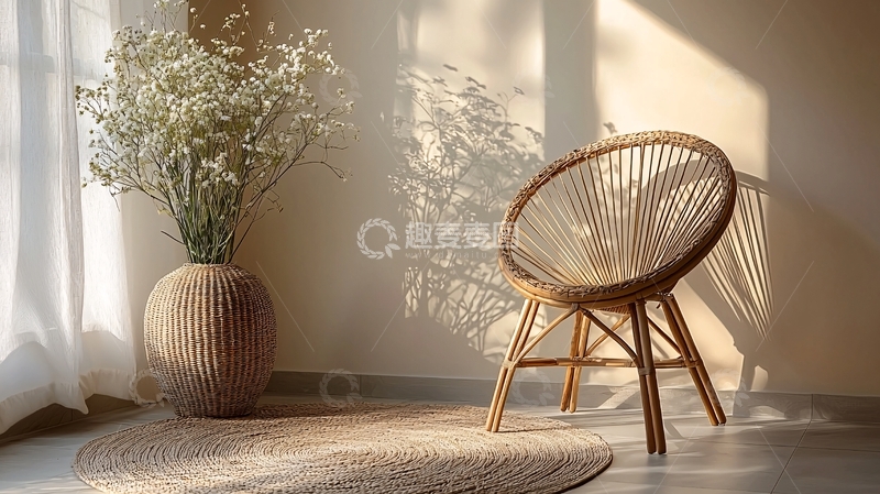 高清大图下载【趣麦麦图】阳光洒进房间的藤椅