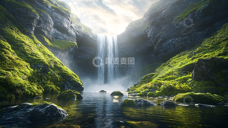 高清大图下载【趣麦麦图】峡谷瀑布绿色植被