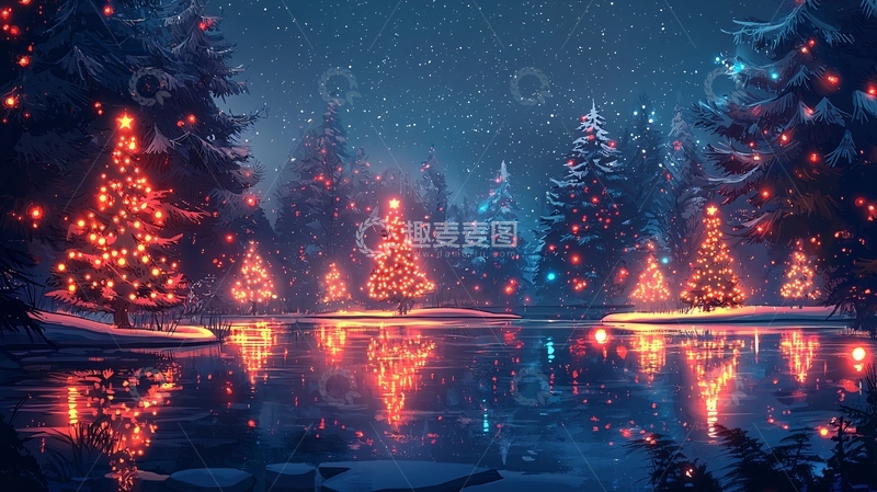高清大图下载【趣麦麦图】雪夜森林圣诞树灯光倒影