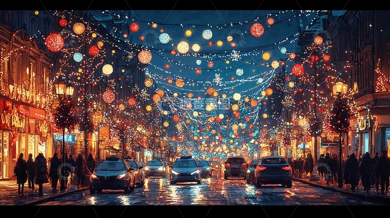 高清大图下载【趣麦麦图】夜晚街道圣诞灯饰