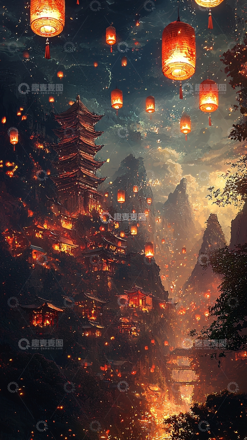 高清大图下载【趣麦麦图】山间小镇夜景