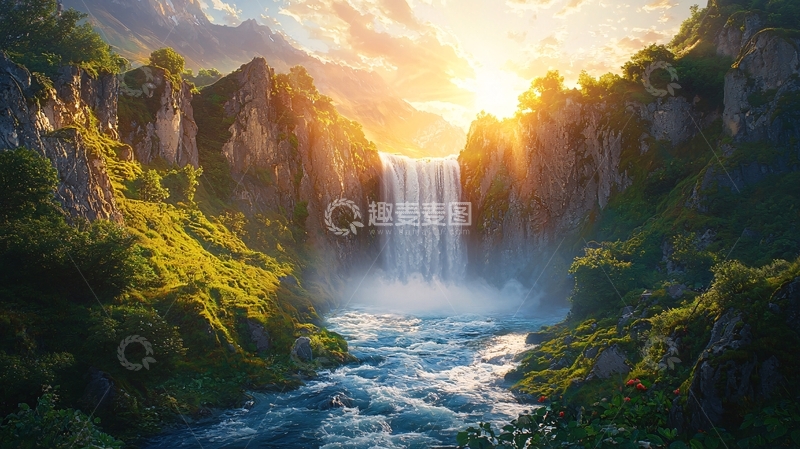 高清大图下载【趣麦麦图】阳光下的瀑布