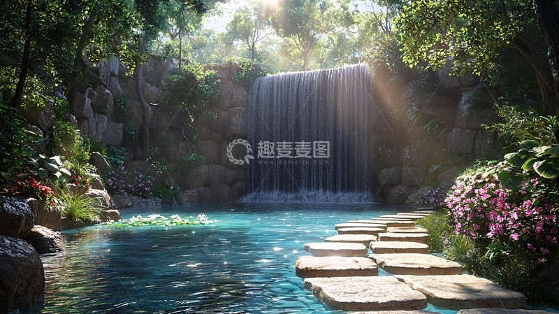 高清大图下载【趣麦麦图】阳光森林瀑布