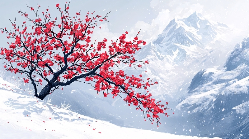 高清大图下载【趣麦麦图】雪山红梅