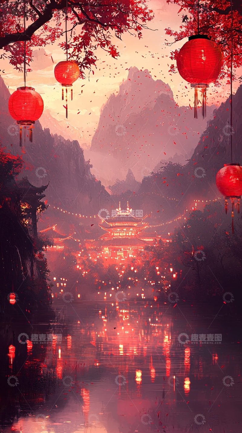 高清大图下载【趣麦麦图】红灯笼山间古镇夜景