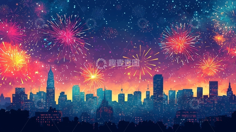 高清大图下载【趣麦麦图】绚丽烟火城市夜景