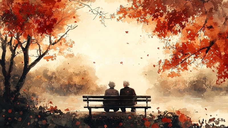 高清大图下载【趣麦麦图】秋日公园长椅上的老年夫妇