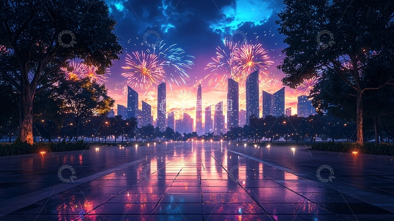 高清大图下载【趣麦麦图】绚丽烟火下的城市夜景