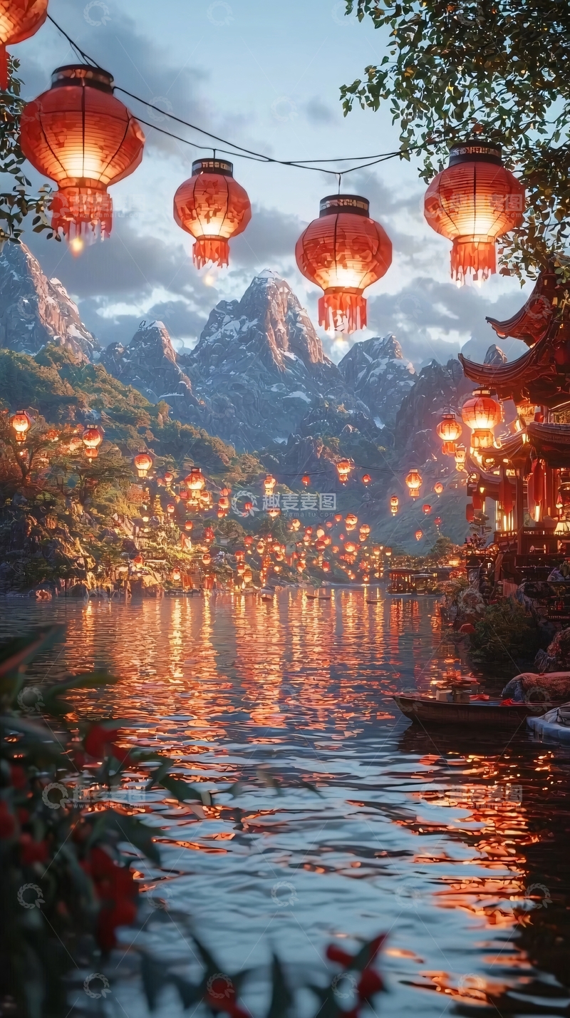 高清大图下载【趣麦麦图】山间湖畔红灯笼夜景