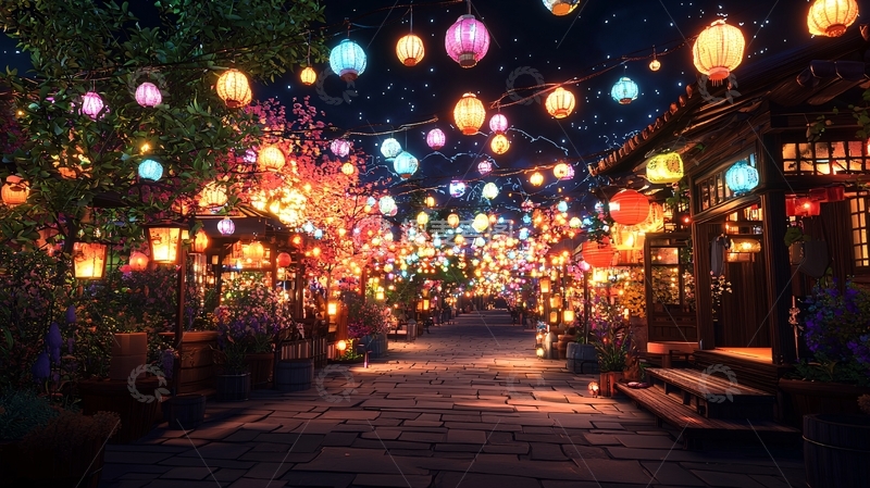 高清大图下载【趣麦麦图】夜色古镇彩灯夜景