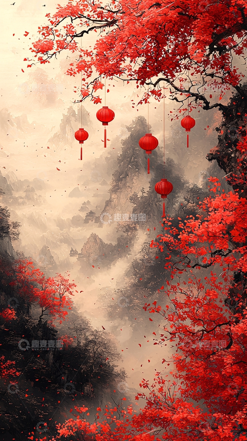 高清大图下载【趣麦麦图】红枫山景中国风灯笼