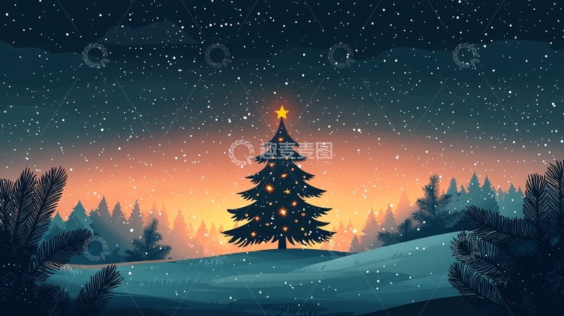 高清大图下载【趣麦麦图】冬季雪夜圣诞树