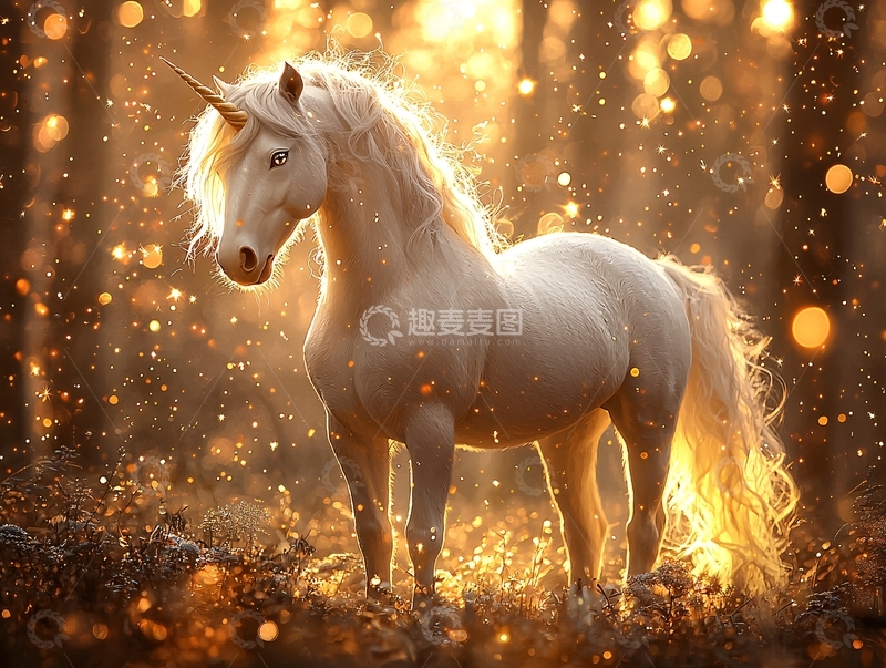 高清大图下载【趣麦麦图】森林夕阳独角兽