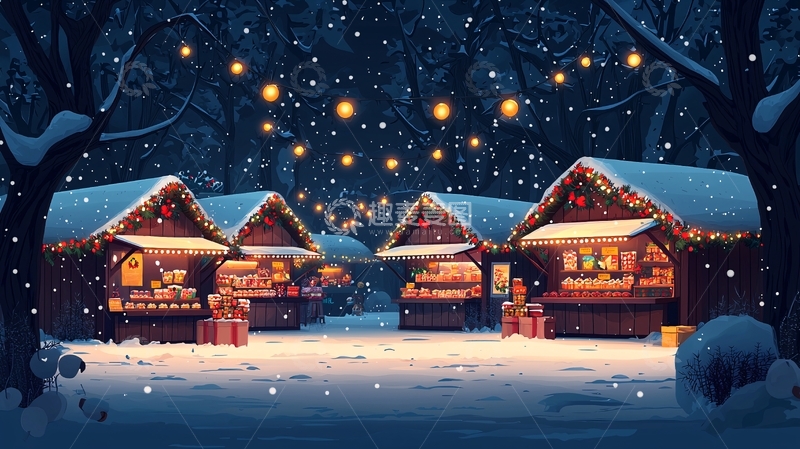 高清大图下载【趣麦麦图】冬日圣诞集市雪景