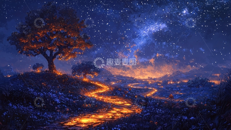 高清大图下载【趣麦麦图】星空下的树与小路