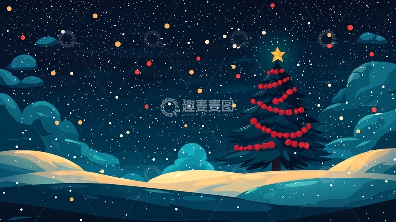 高清大图下载【趣麦麦图】冬夜雪景圣诞树
