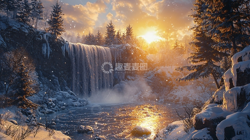 高清大图下载【趣麦麦图】冰雪瀑布日落