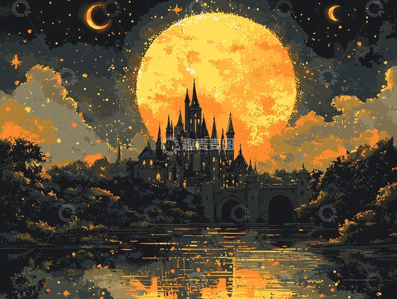 高清大图下载【趣麦麦图】巨型月亮下的哥特式城堡