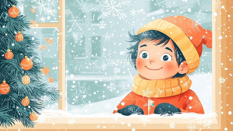 高清大图下载【趣麦麦图】窗边看雪的孩子