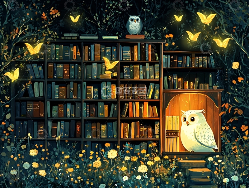 高清大图下载【趣麦麦图】萤火虫环绕的藏书阁