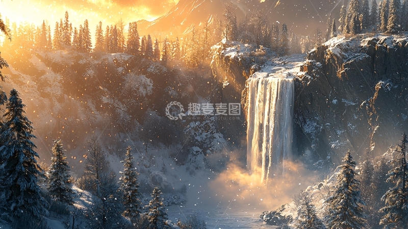 高清大图下载【趣麦麦图】冬日阳光下的冰雪瀑布