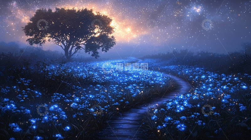 高清大图下载【趣麦麦图】星空下的蓝色花海小路