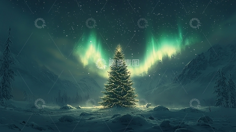 高清大图下载【趣麦麦图】极光下的圣诞树