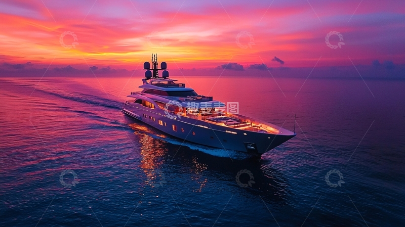 高清大图下载【趣麦麦图】夕阳下豪华游艇航行