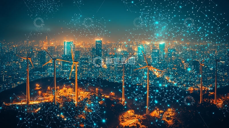 高清大图下载【趣麦麦图】夜景城市风力发电