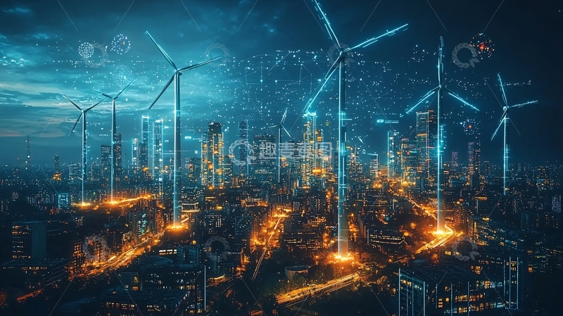 高清大图下载【趣麦麦图】夜幕下的城市风力发电