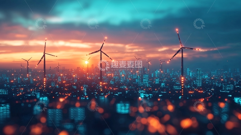 高清大图下载【趣麦麦图】日落城市风力发电厂